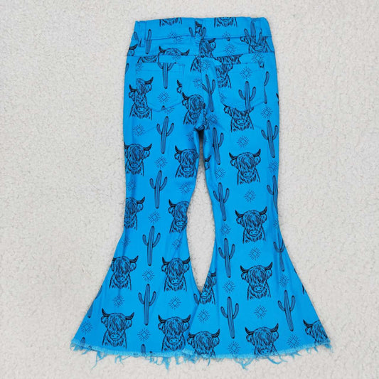 Girls Blue Highland Cow Cactus Print Flare Jeans, Western Bell Bottoms for Kids