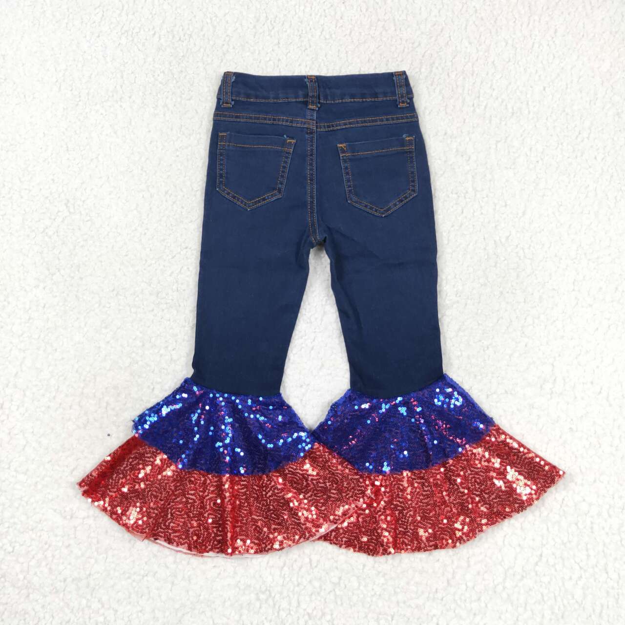 P0430 Patriotic Red Blue Sequins Blue Denim Bell Bottom Jeans Girls Pants
