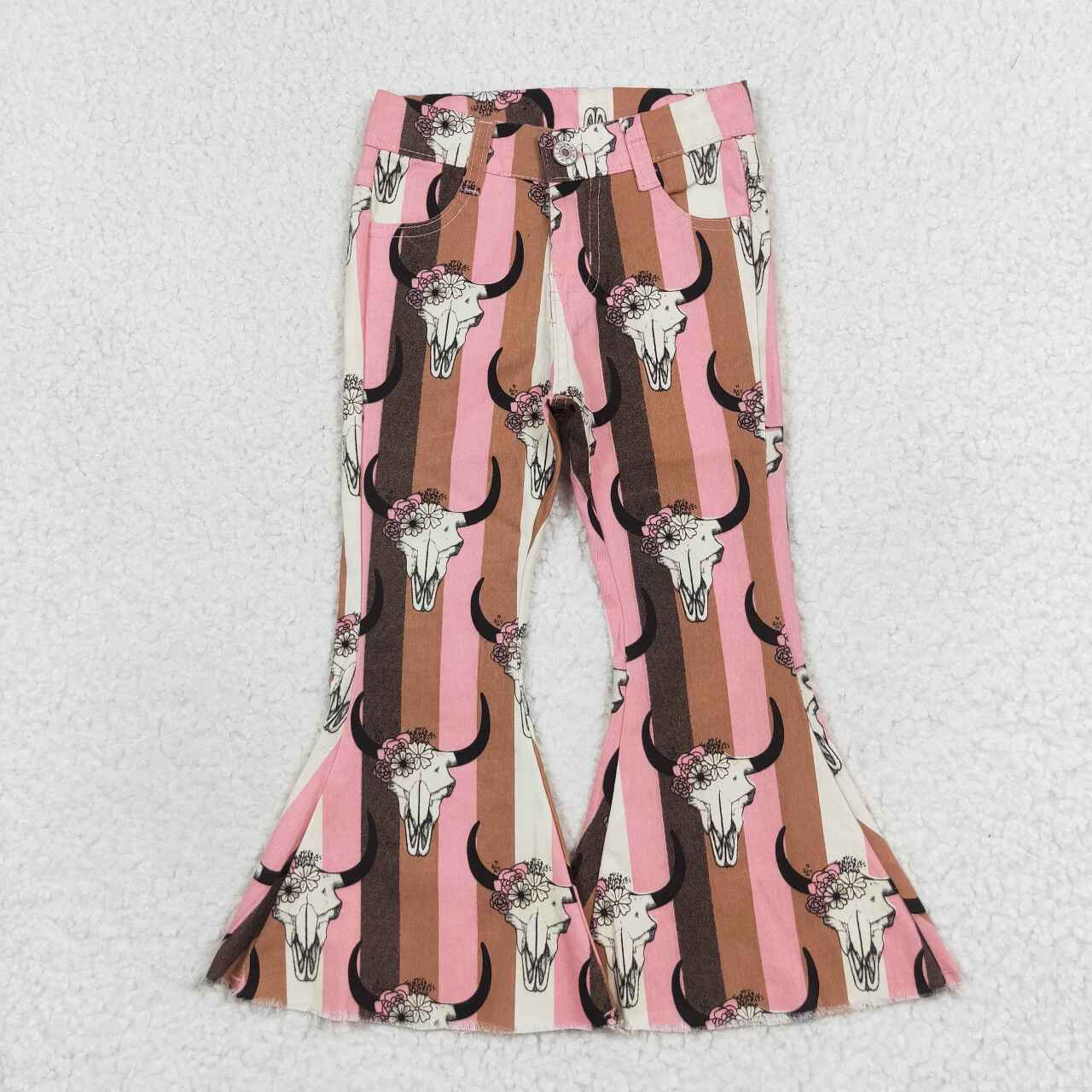 Girls Pink Brown Striped Longhorn Skull Print Flare Jeans, Western Bell Bottoms for Kids