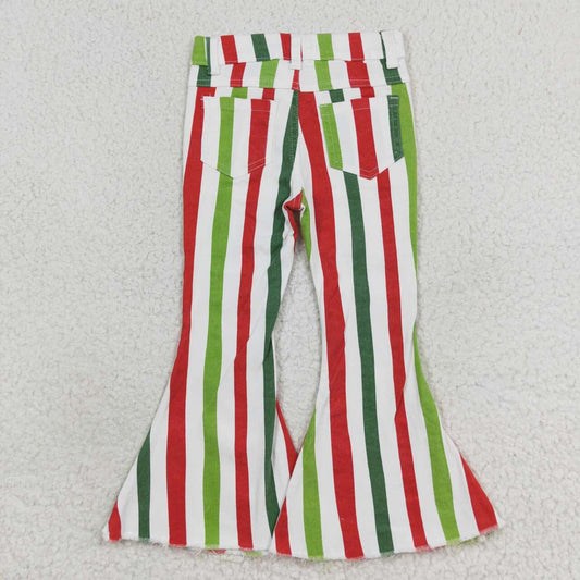P0484 Red Green Stripes Denim Bell Bottoms Jeans Girls Christmas Pants