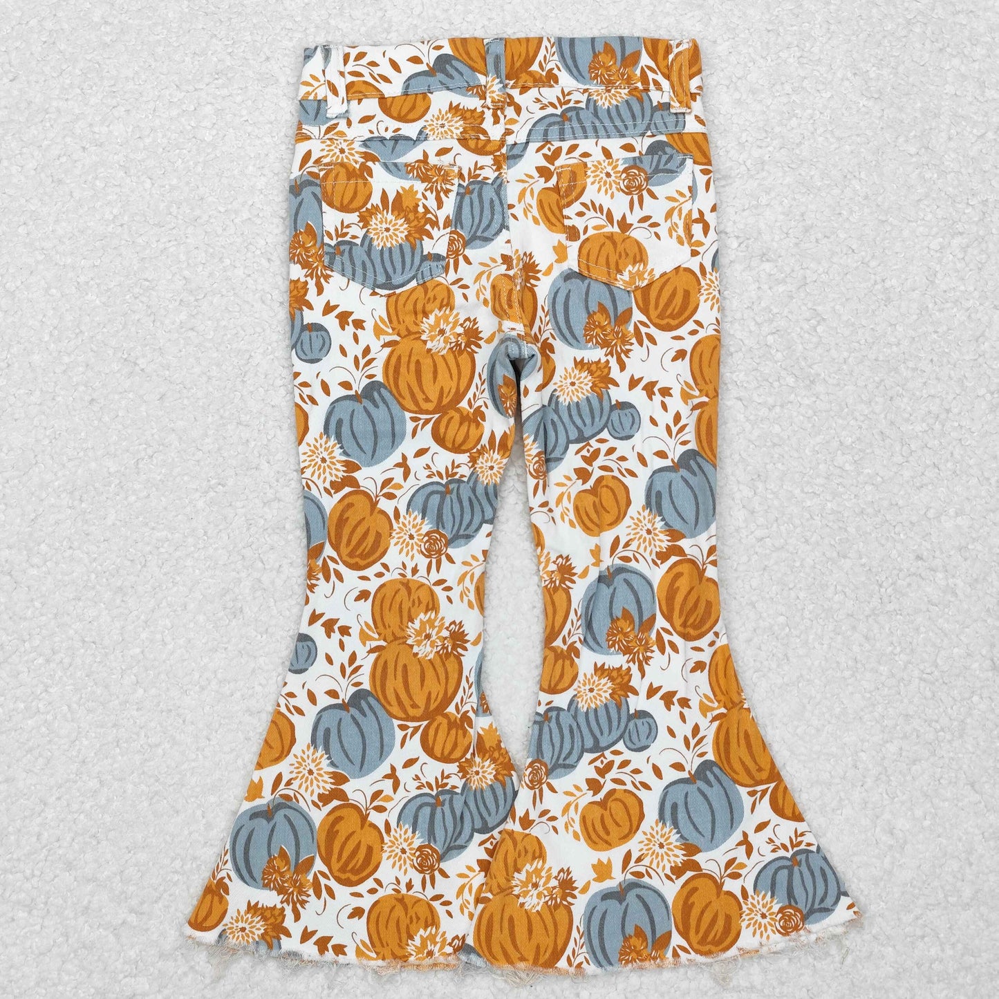 P0487 Pumpkin Flowers Denim Bell Bottoms Jeans Girls Fall Pants