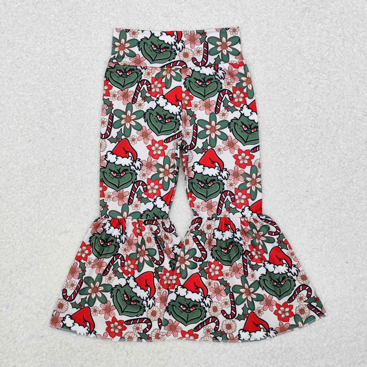 P0631 Green Frog Flowers Candy Cane Print Girls Christmas Bell Bottom Pants