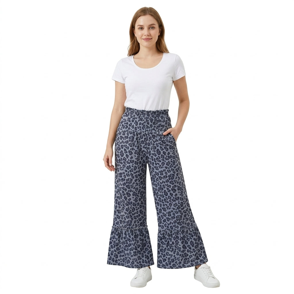 P1052 Adult Blue Leopard Print Women Bottom Active Ruffle Flare Pants