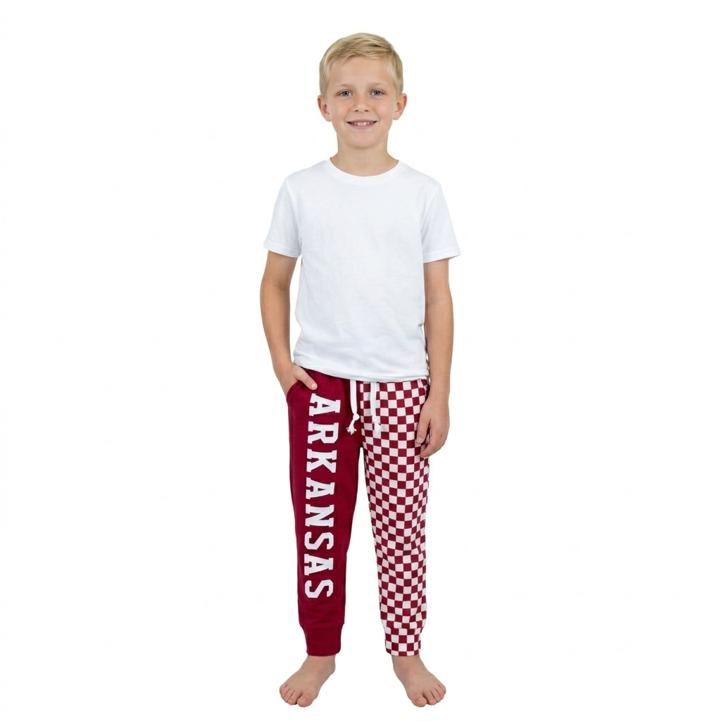 P1062 Teams Arkansas Vinyl & Checkered Print Kids Bottom Joggers Split Pants