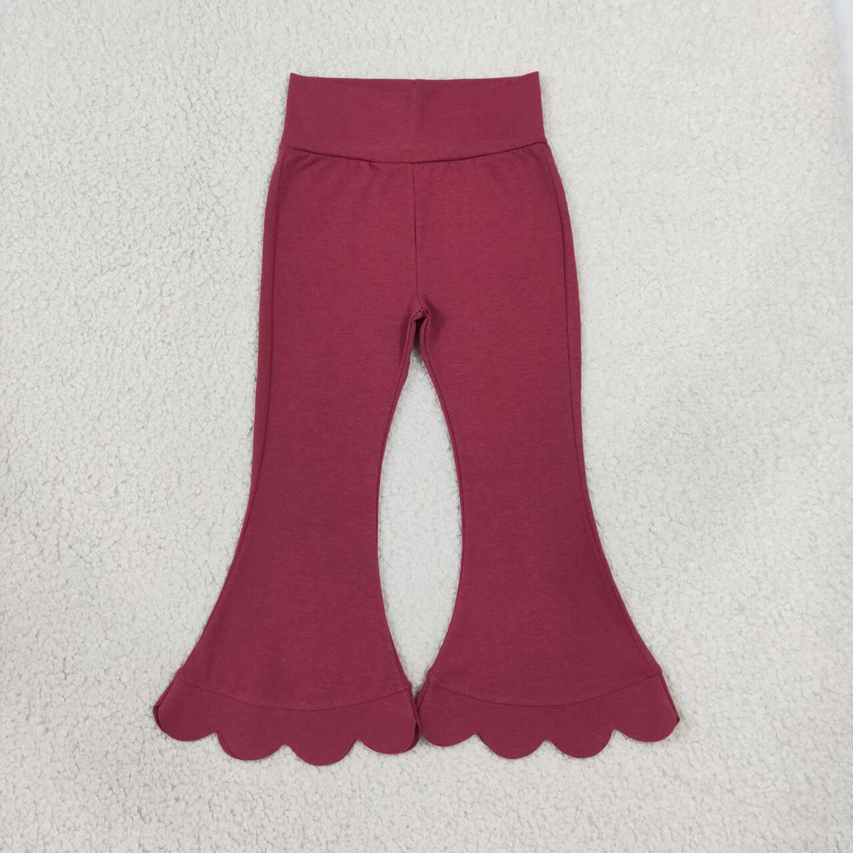 P1079 Burgundy Cotton Girls Scallop Edge Bell Bottom Pants