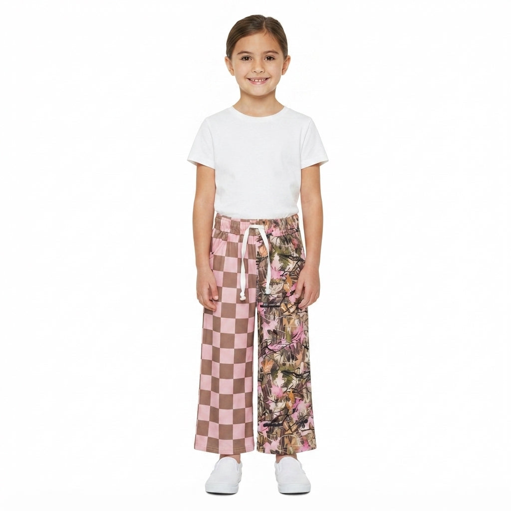 P1093 Pink Checkered Branch Camo Print Girls Bottom Pockets Split Straight Pants