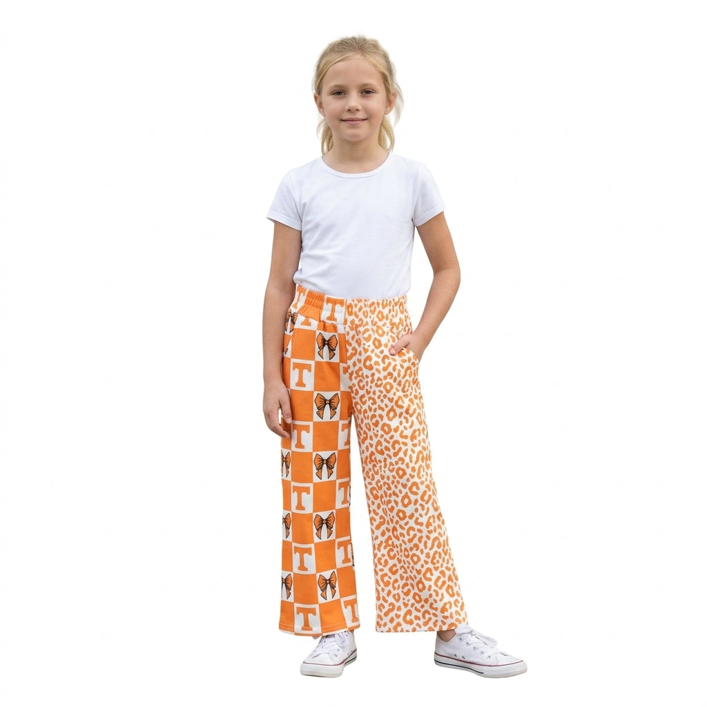 P1121 Teams Tennessee Bows Checkered Leopard Print Girls Bottom Pockets Straight Split Pants