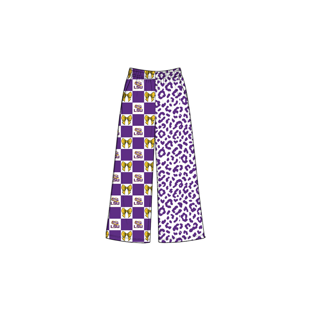 8.3 P1124 Preorder Teams Louisiana Bows Checkered Leopard Print Girls Bottom Pockets Straight Pants