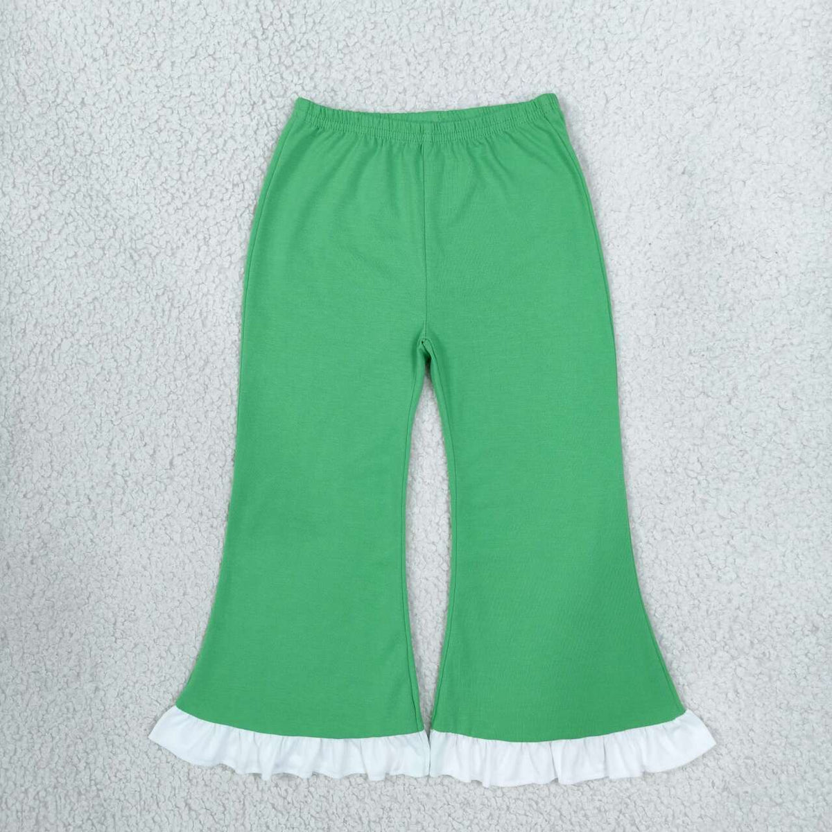 P1168 Girls Green Cotton White Ruffle Bell Bottom Pants