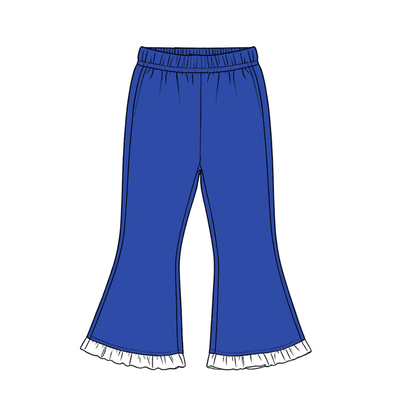 8.19 Preorder Kids Girls Royal Blue Contrast Yellow Ruffle Hem Flare Pants