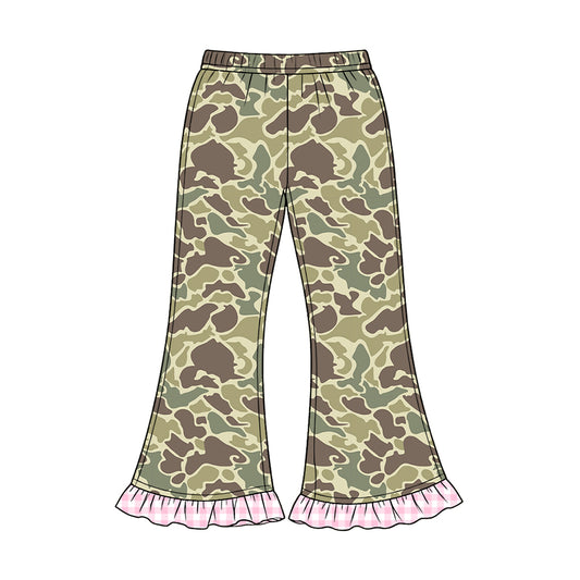 8.20 P1183 Preorder Brown Green Camo Print Girls Bell Bottom Pants