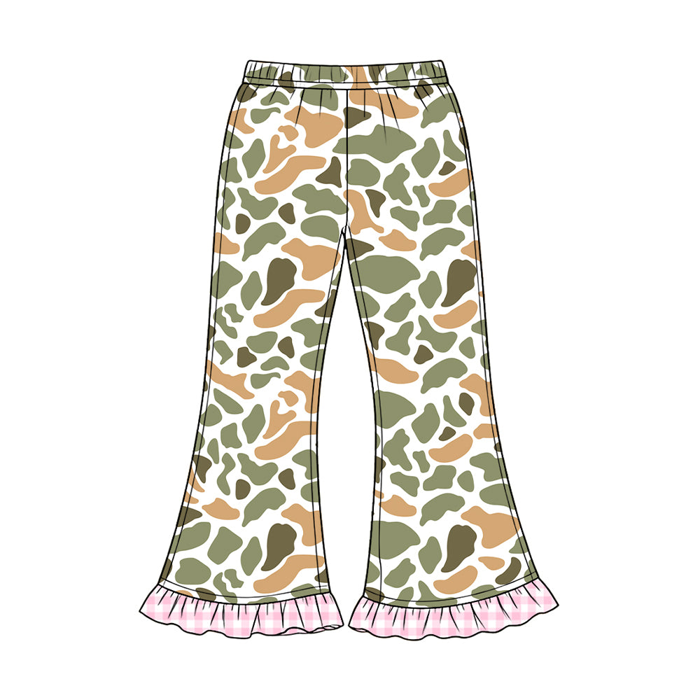8.20 P1188 Preorder Green Orange Camo Print Girls Bell Bottom Pants