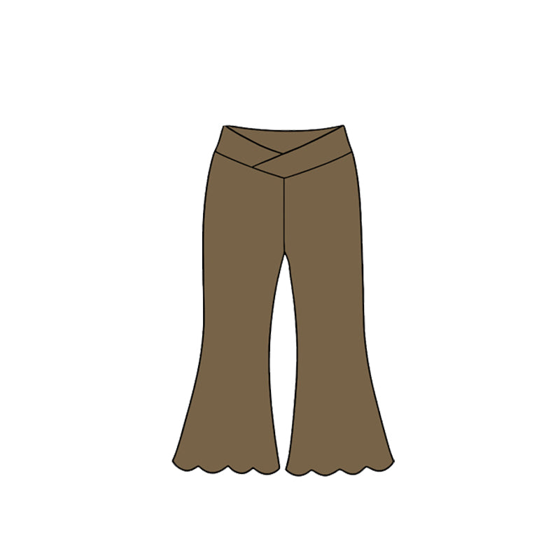 8.26 Preorder P1215 Kids Girls Solid Brown Cross Wrap Waist Scalloped Flare Bell Bottom Active Pants