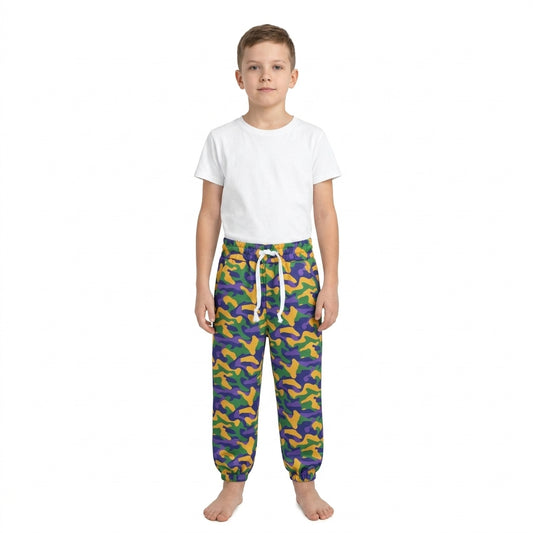 P1248 Purple Green Yellow Camo Print Baby Boys Bottom Mardi Gras Jogger Pants