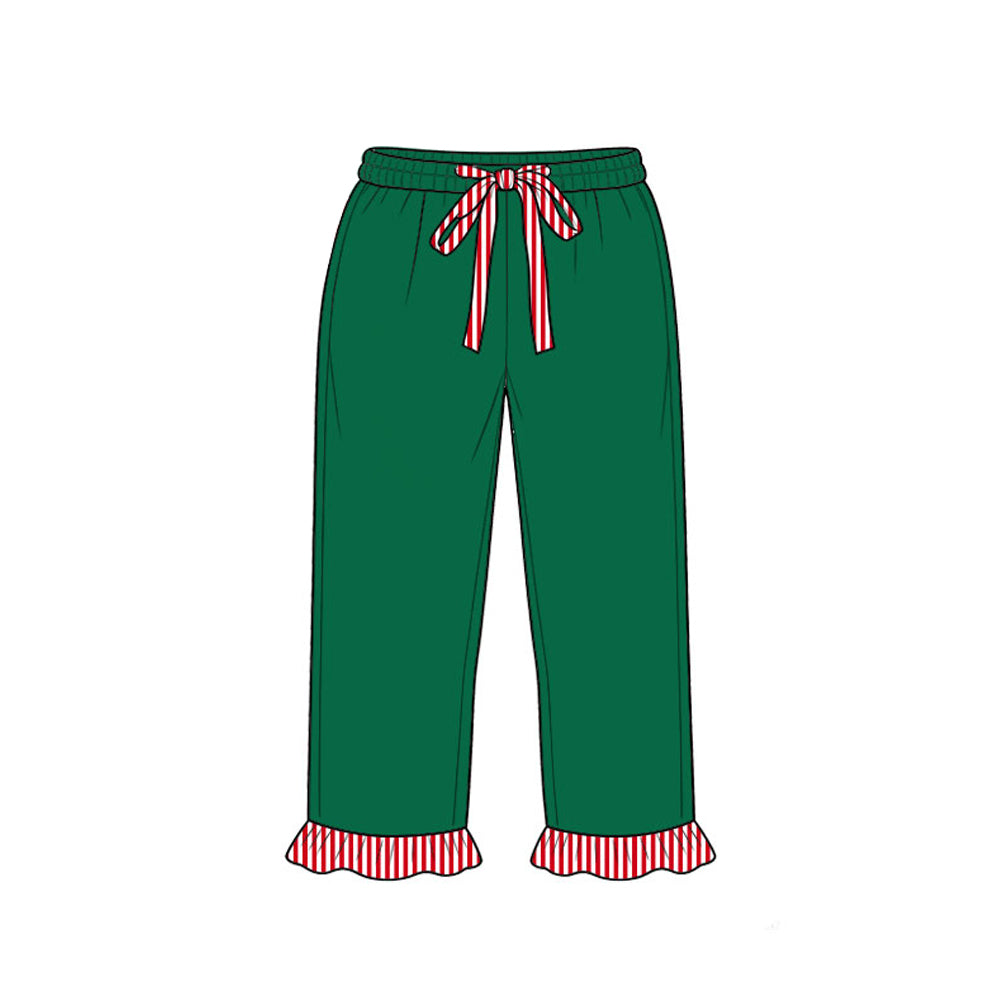 P1254 Preorder Kids Girls Green Pants with Red Striped Ruffle