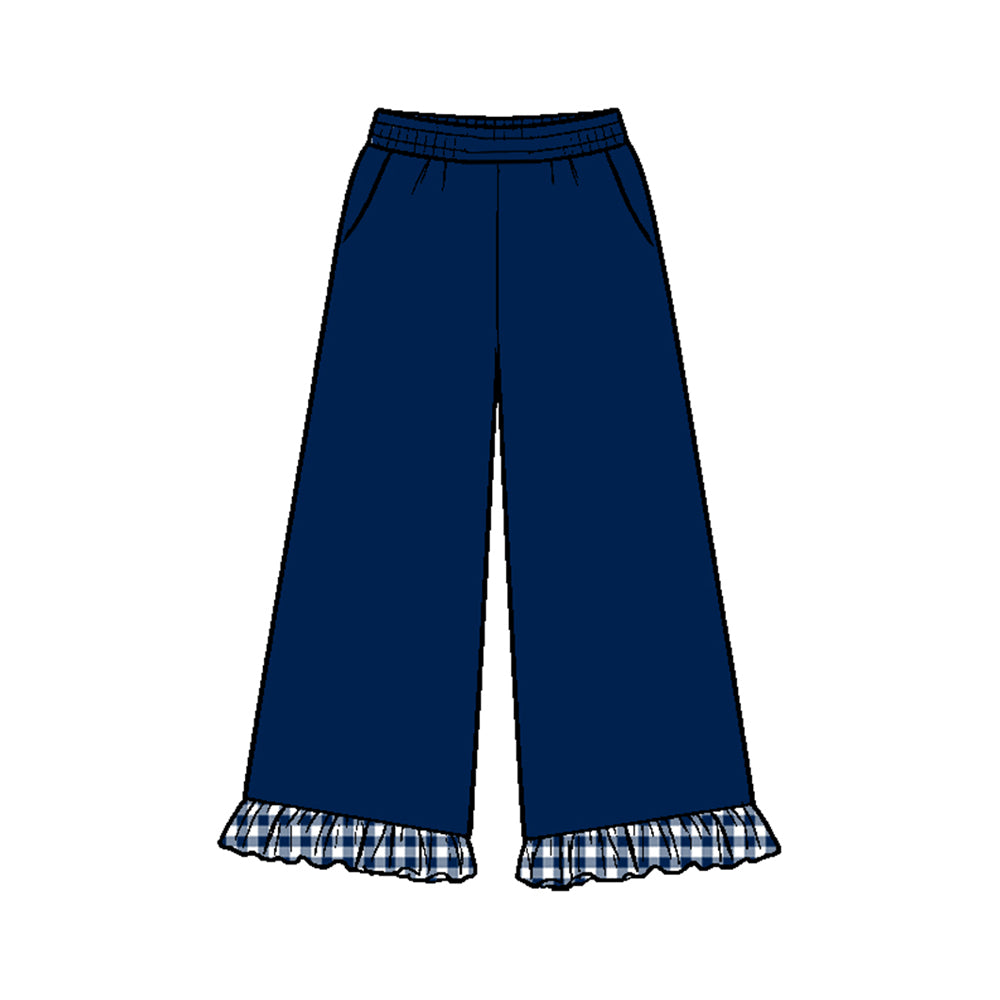10.16 GT1974 Preorder Kids Girls Navy Pants with Gingham Tirm Ruffle