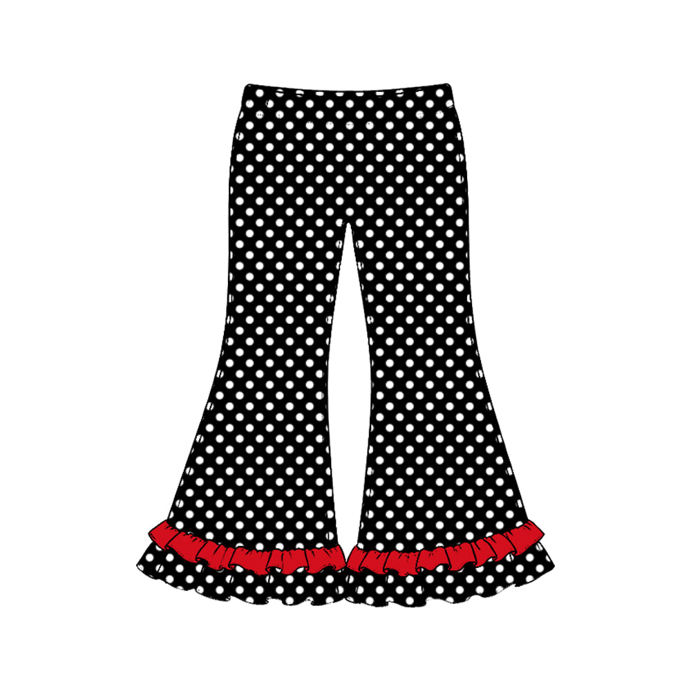 10.17 Preorder P1294 Black Dots Print Girls Bell Bottom Ruffle Pants