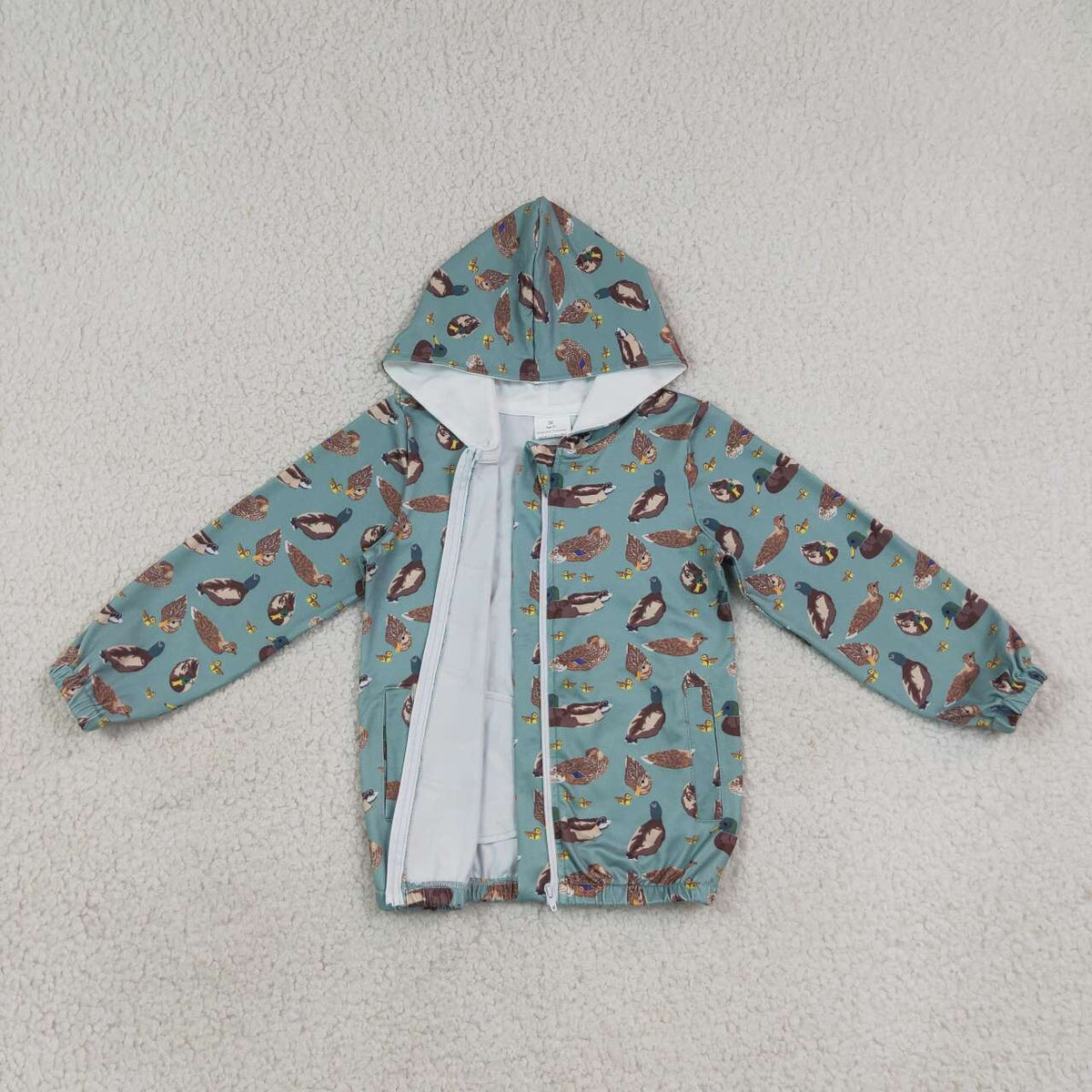 BT1818 Teal Duck Print Boys Long Sleeve Full Zipper Hoodie Jacket Top