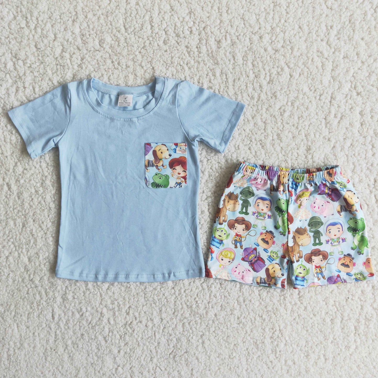 Blue Pocket Top Cartoon Toy Shorts Boys summer outfits C14-24
