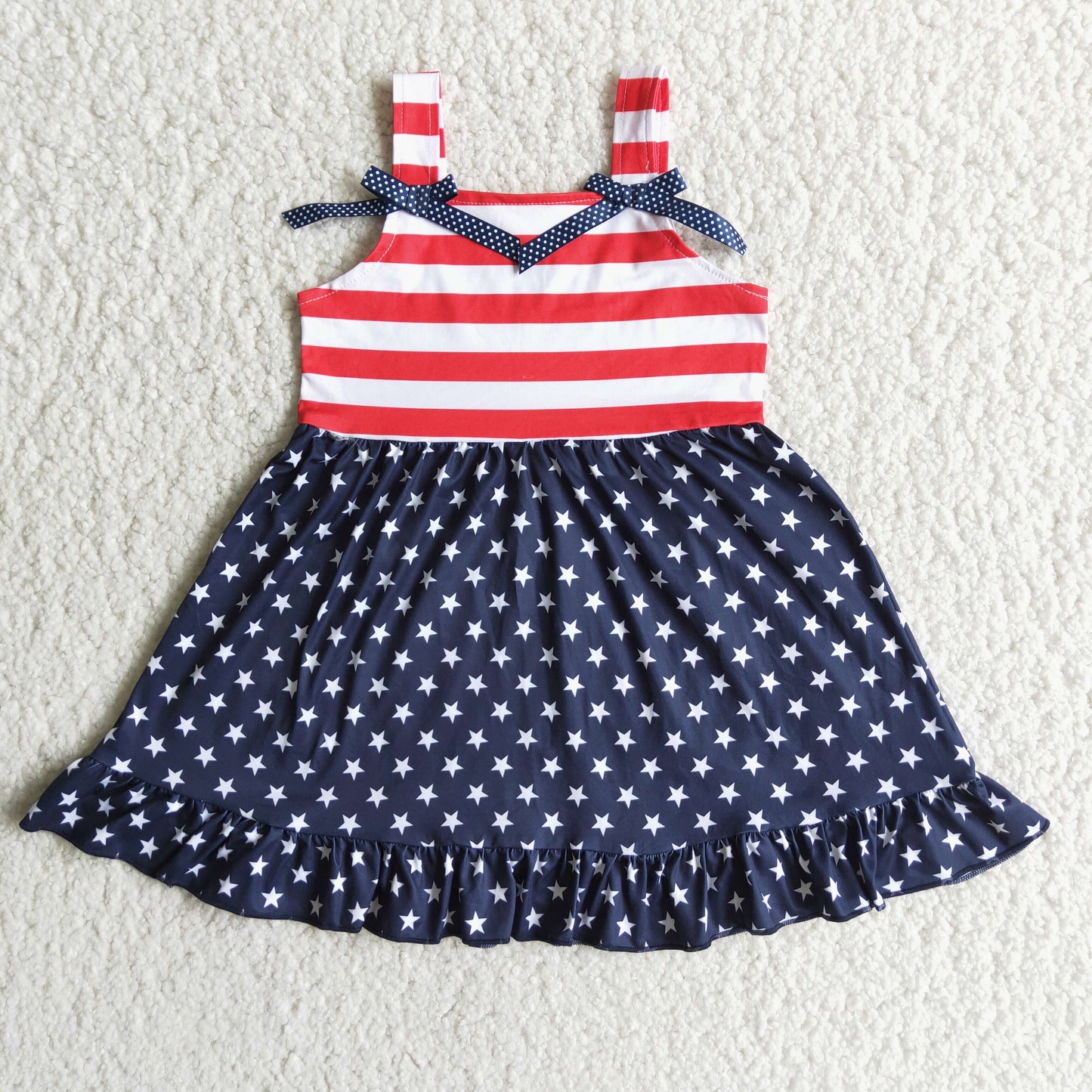 (Promotion)A14-10 Stars Stripes Print Girls 4th of July Strap Knee Length Dress