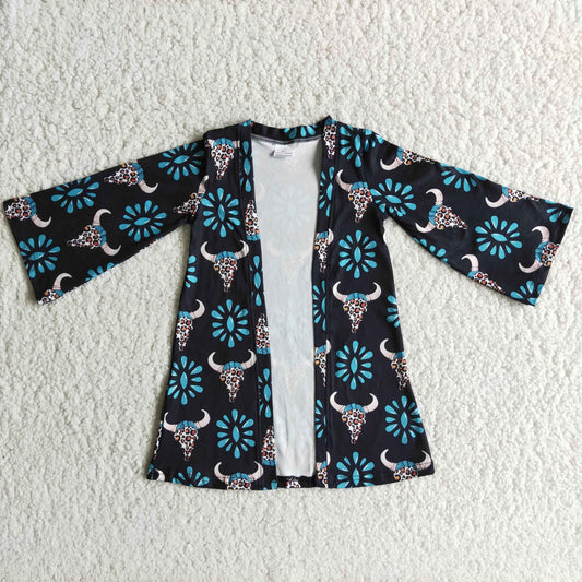 (Promotion)Baby girls turquoise cow skull western cardigan 6 B4-14