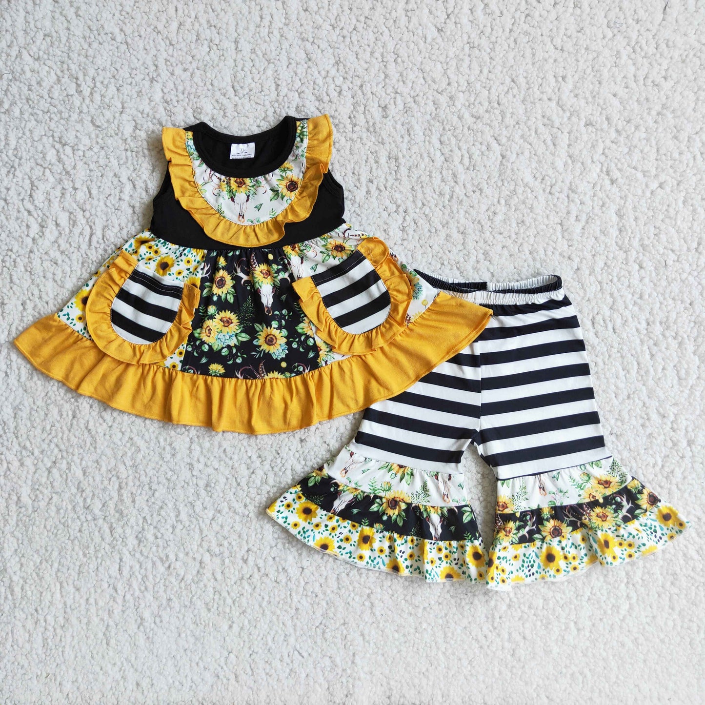 Sunflowers Sleeveless Pockets Tunic Top Girls Capris Outfits A6-15