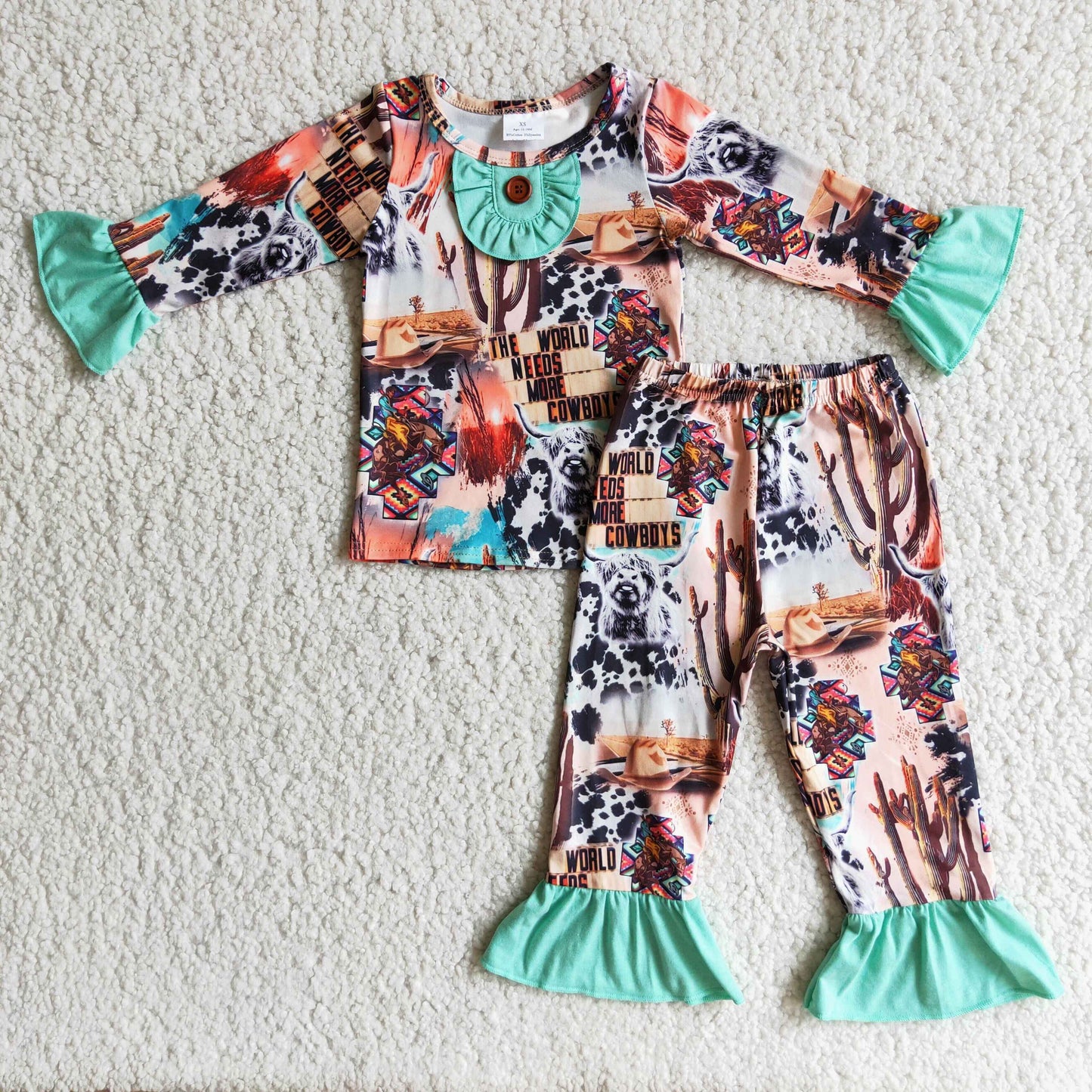 (Promotion) 6 A7-4 Highland Cow Print Girls Western Pajamas Clothes Set