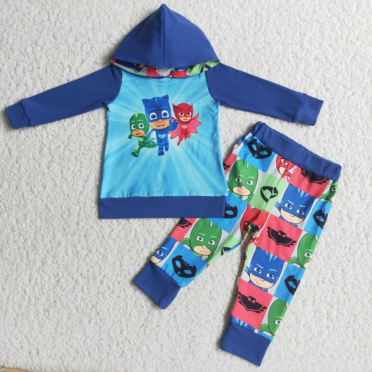 (Promotion) 6 A9-19 Cartoon Masks Hoodie Top Checkered Pants Boys Clothes Set
