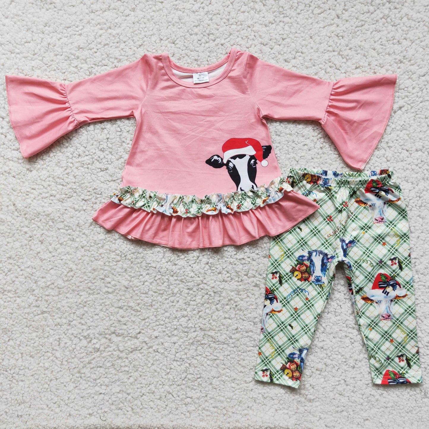 (Promotion)6 C10-30 Heifer Pink Ruffle Top Checkered Pants Girls Christmas Clothes Set