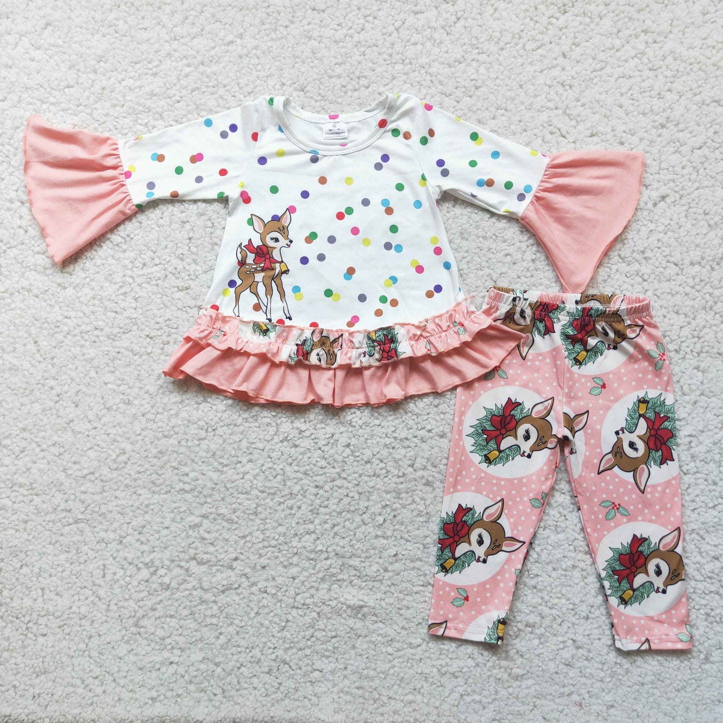 (Promotion) 6 A1-19 Deerlet Dots Ruffle Top Capri Pants Girls Christmas Clothes Set