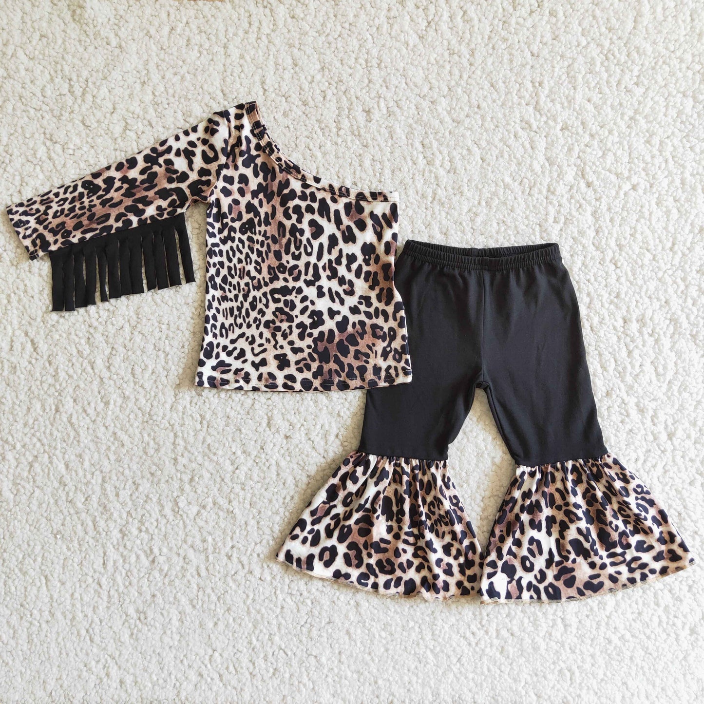 (Promotion)One-shoulder leopard tassels top bell bottom pants outfits 6 B1-20