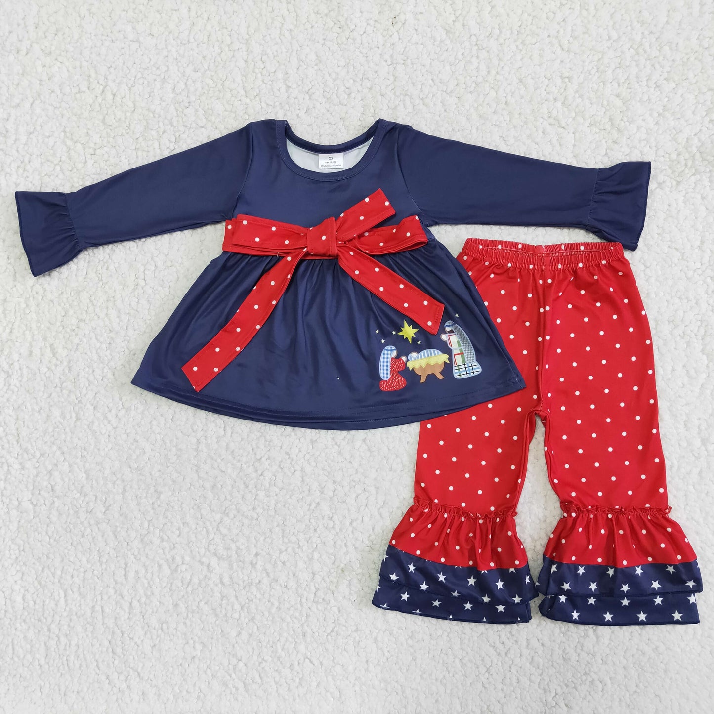(Promotion)6 B1-2 Nativity Navy Tunic Top Red Dots Ruffles Pants Girls Christmas Clothes Set