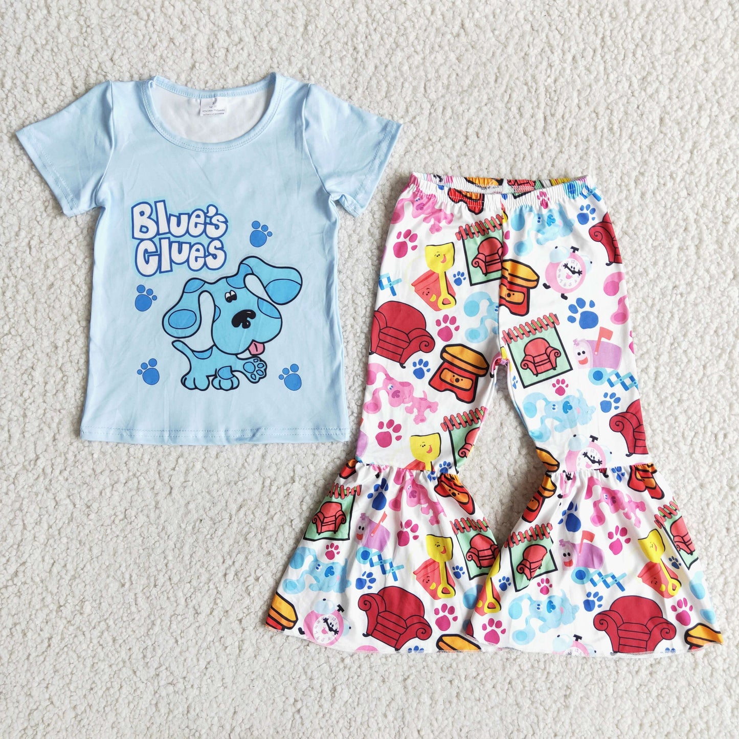 (Promotion)E8-5 Cartoon Dog Blue Top Bell Pants Girls Clothes Set