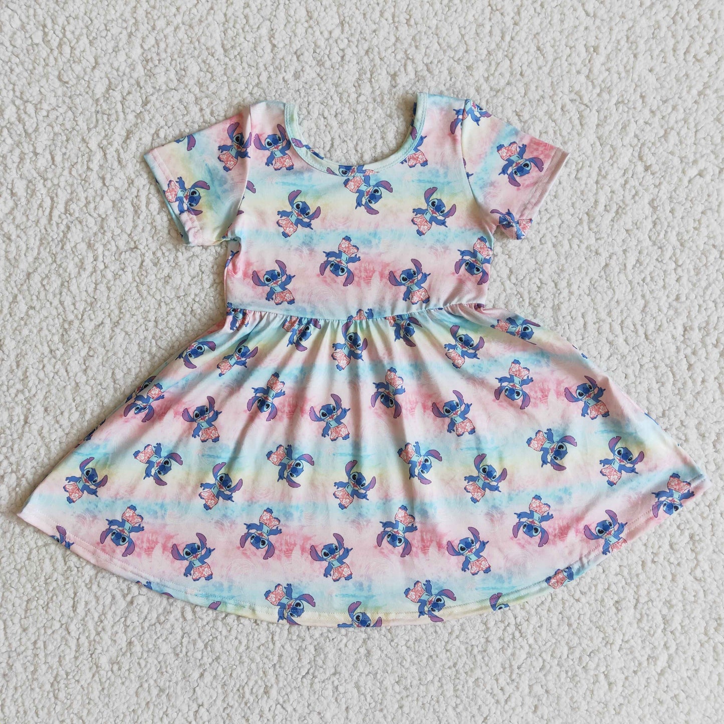 (Promotion)Cartoon Stitc* Girls Summer Short Sleeve Knee Length Dress E8-17