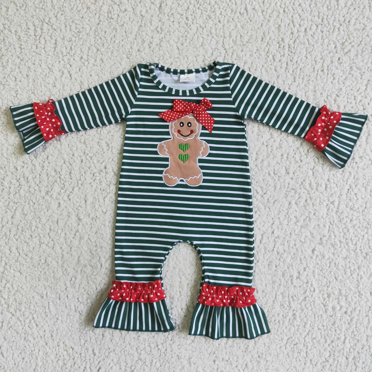 (Promotion) 6 C10-6 Gingerbread Embroidery Stripes Baby Girls Christmas Ruffle Romper