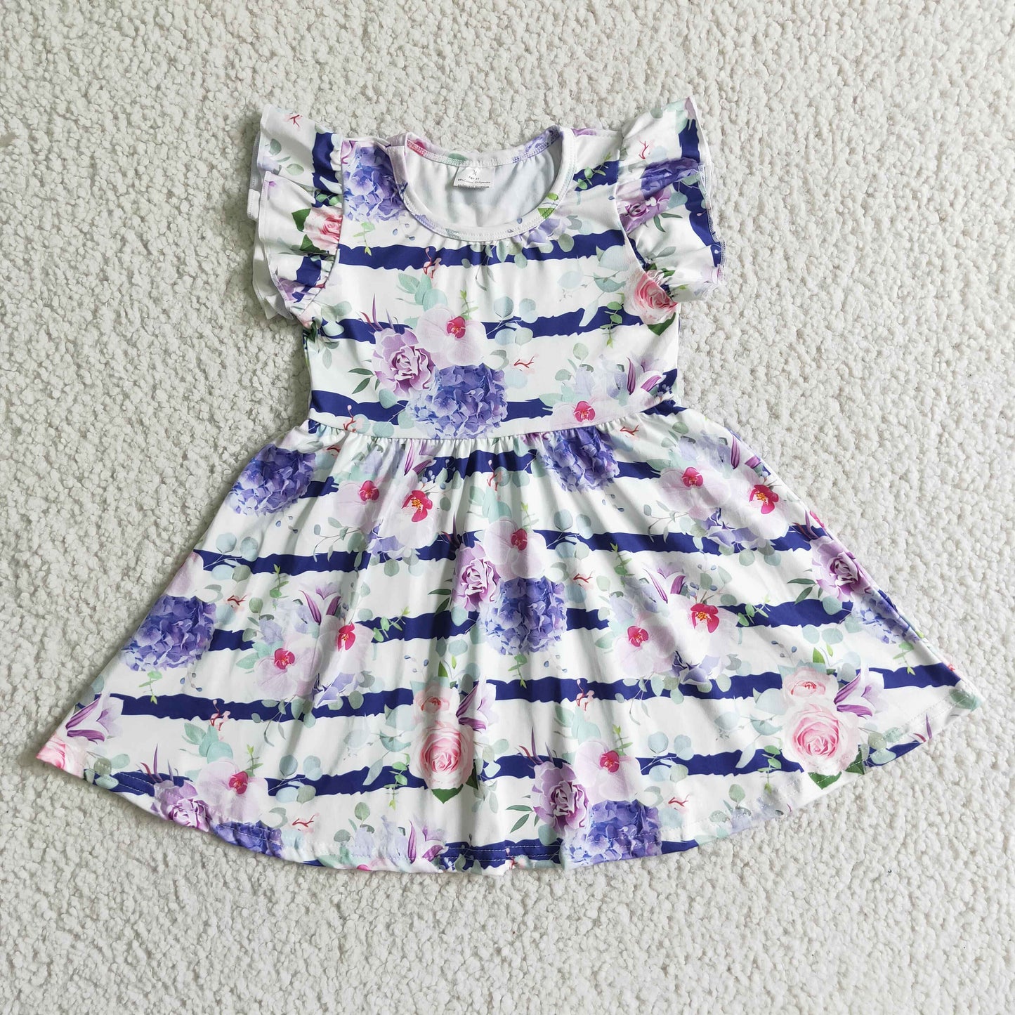 Purple Flowers Girls Flutter Sleeves Knee Length Dress A8-6