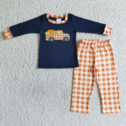 BLP0002 Pumpkin Truck Embroidery Navy Top Orange Plaid Pants Boys Fall Clothes Set