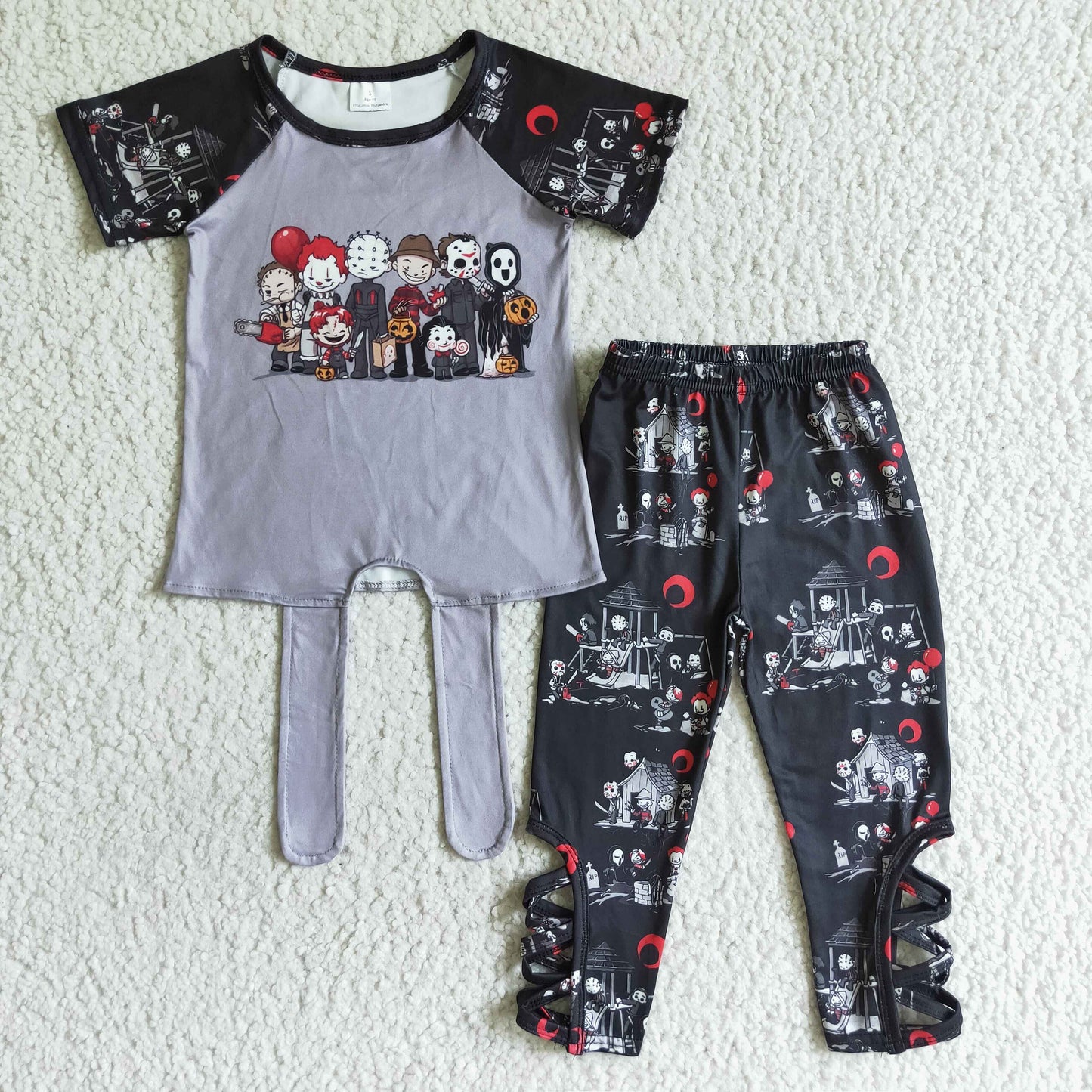 (Promotion) C1-3 Cartoon Friends Pumpkin Top Cross Legging Pants Girls Halloween Clothes Set