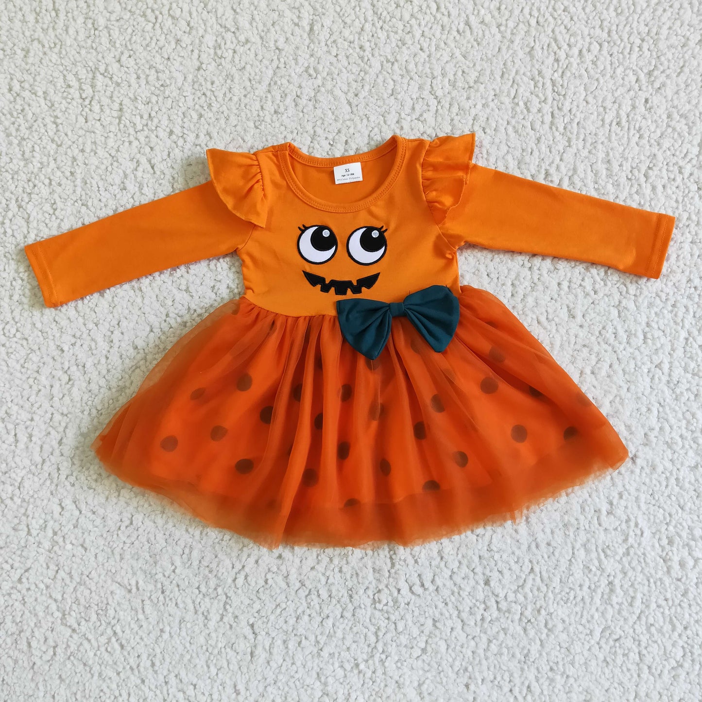 GLD0019 Smiling Orange Print Girls Halloween Knee Length Tulle Dress