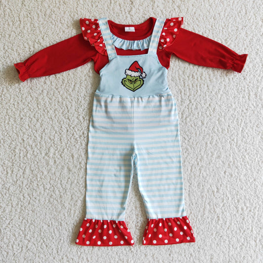 GLP0192 Red Top Green Frog Stripes Overall Jumpsuits Girls Christmas Clothes Set