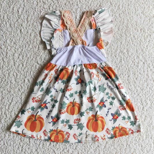 Girls punpkin embroidery pockets dress GSD0146