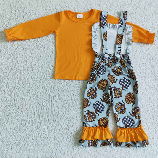 GLP0114 Orange Top Pumpkin Overall Jumpsuits Girls Fall Clothes Set