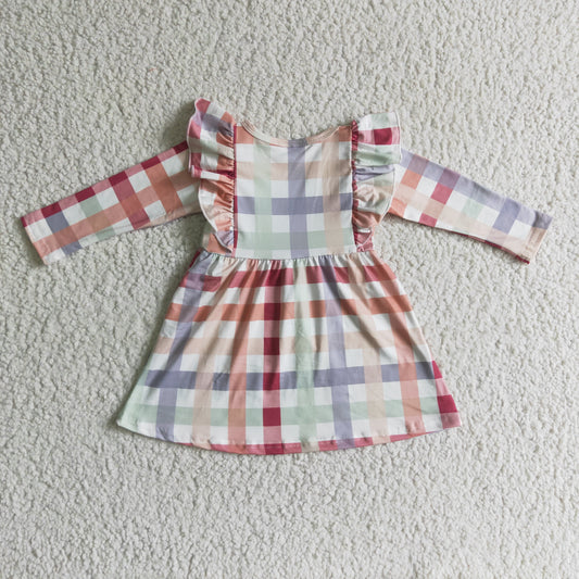 GLD0117 Checkered Print Girls Long Sleeve Knee Length Dress