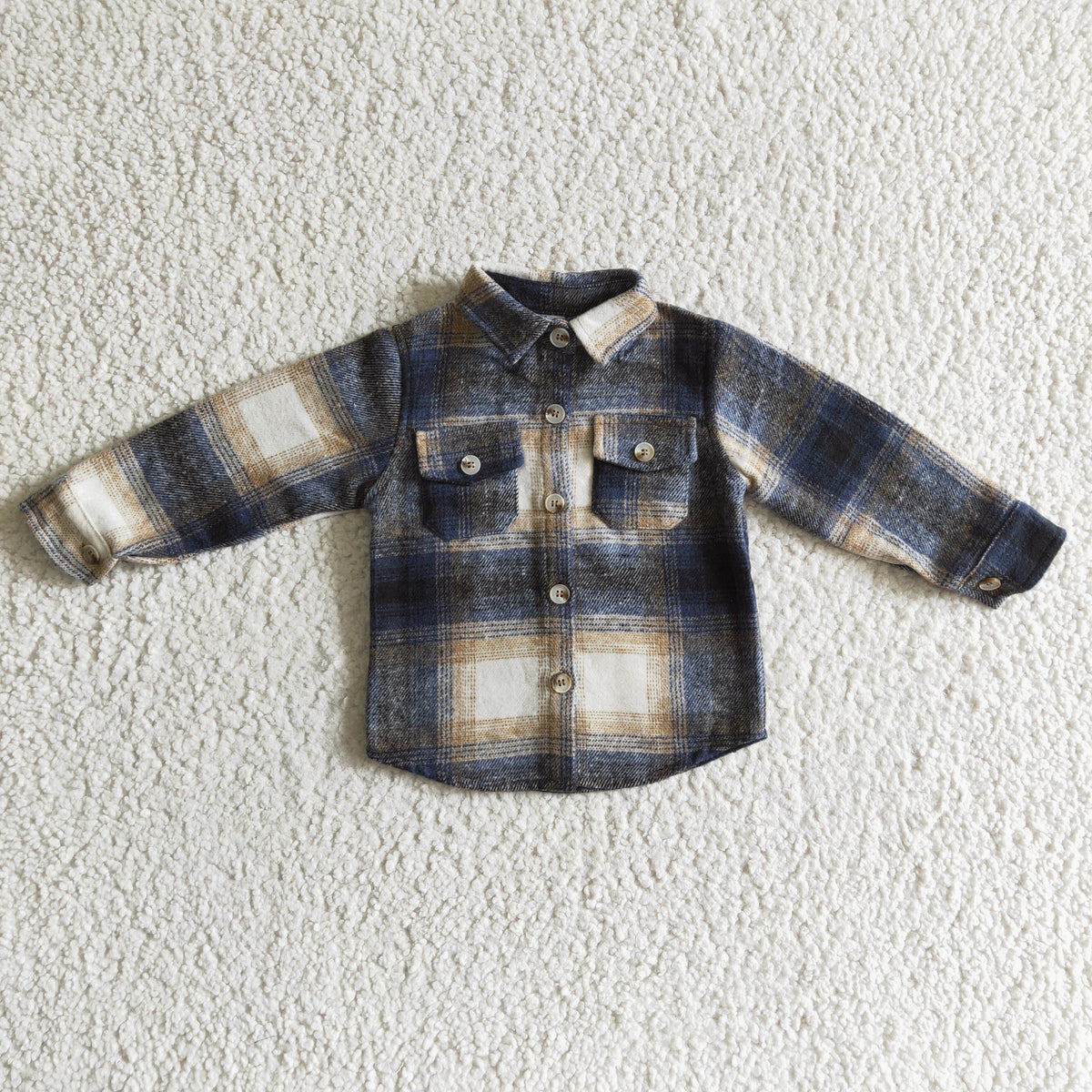 BT0117 Navy Checkered Print Boys Fall Cotton Pockets Tee Shirts Top