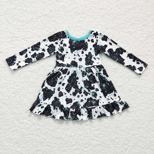 GLD0128 Cowhide Black Print Girls Backless Bows Knee Length Dress