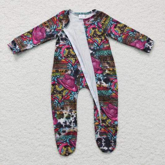 Baby girls western print footie romper LR0247