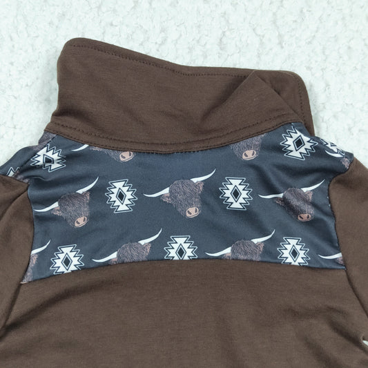 BT0115 Highland Cow Aztec Brown Print Boys Long Sleeve Zipper Pullover Top