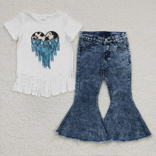 Girls turquoise print tassels top blue Denim bell Pants 3 pcs outfits GSPO0463