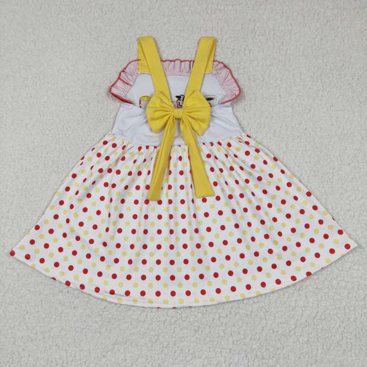 Girls sleeveless yellow bow red dots print dress GSD0203
