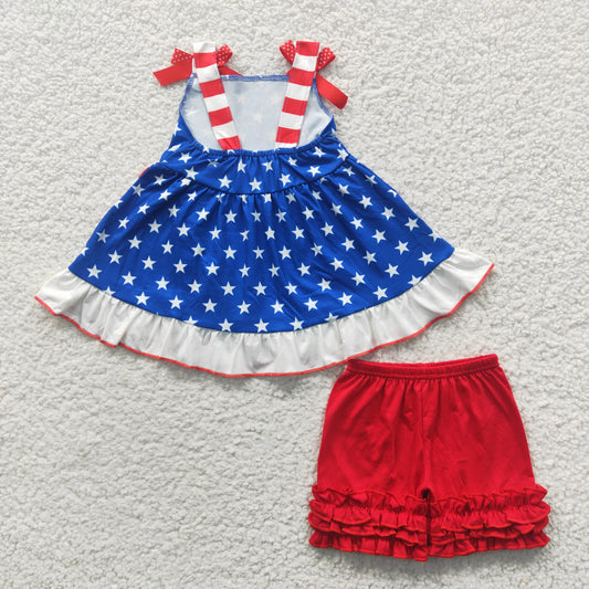 (Promotion)D7-1 Stripes Stars Strap Tunic Top Red Shorts Girls 4th of July Clothes Set